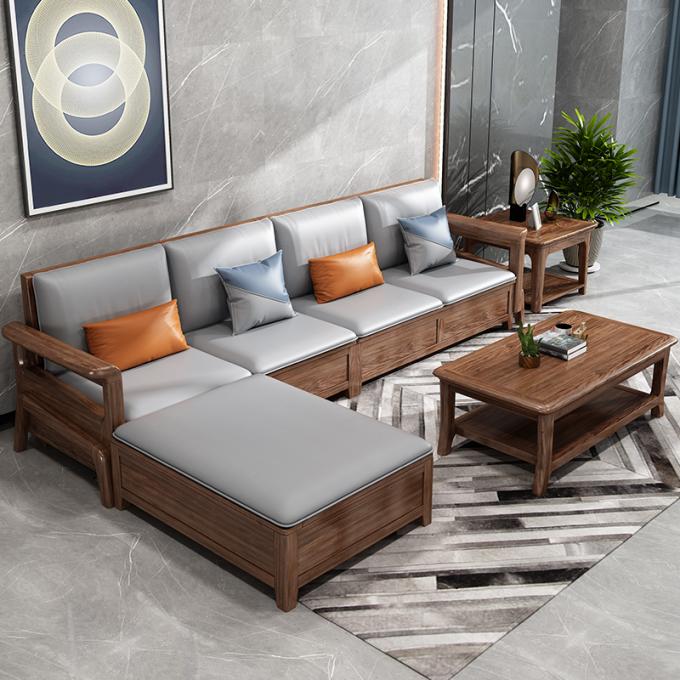 Sofá de madeira maciça de teca de 7 lugares Lounge modular com estofamento de couro 3