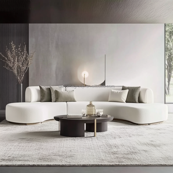 Mobiliário de banco duplo de estilo tufted Sofá de banco de amor branco com almofada de tecido de círculo de lua de madeira 1