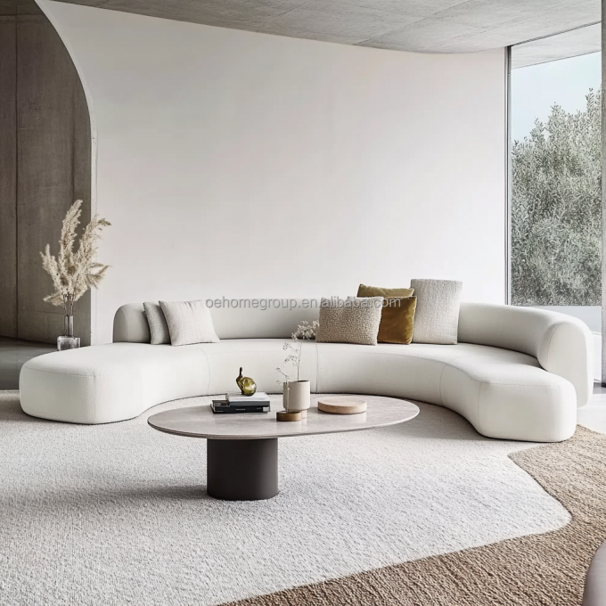 Mobiliário de banco duplo de estilo tufted Sofá de banco de amor branco com almofada de tecido de círculo de lua de madeira 2