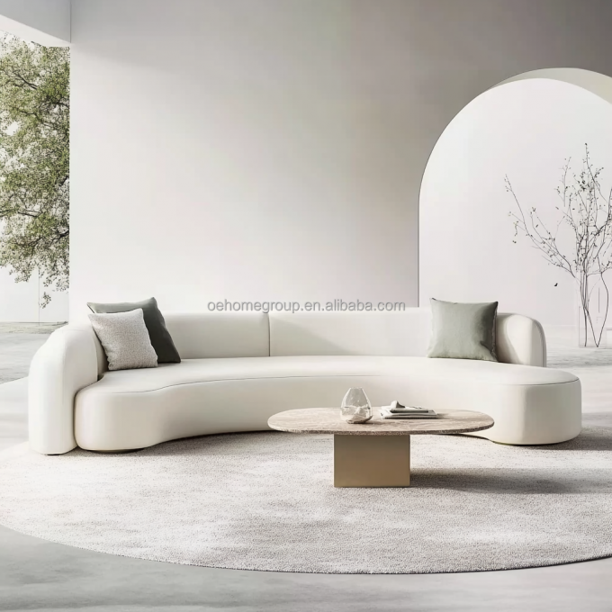 Mobiliário de banco duplo de estilo tufted Sofá de banco de amor branco com almofada de tecido de círculo de lua de madeira 4