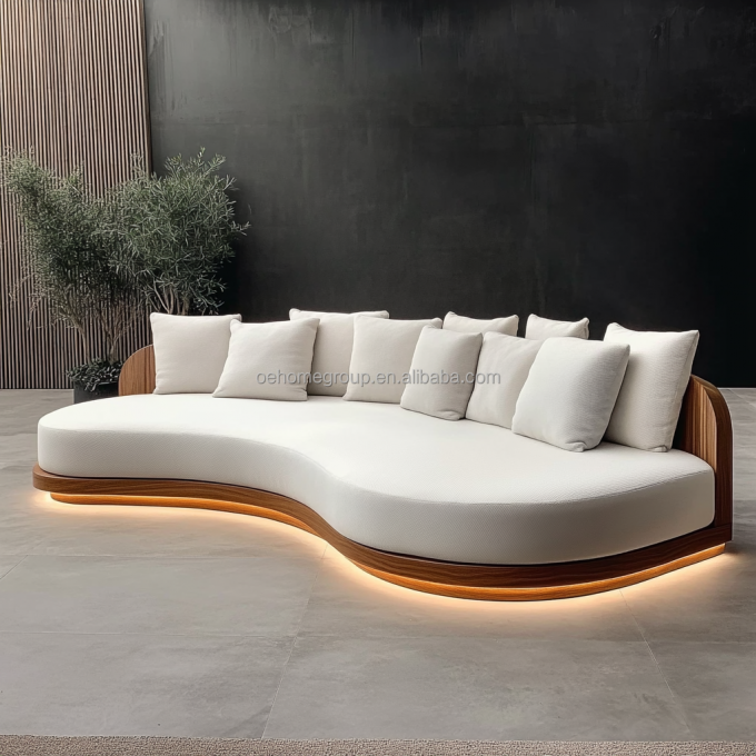 Mobiliário de banco duplo de estilo tufted Sofá de banco de amor branco com almofada de tecido de círculo de lua de madeira 6