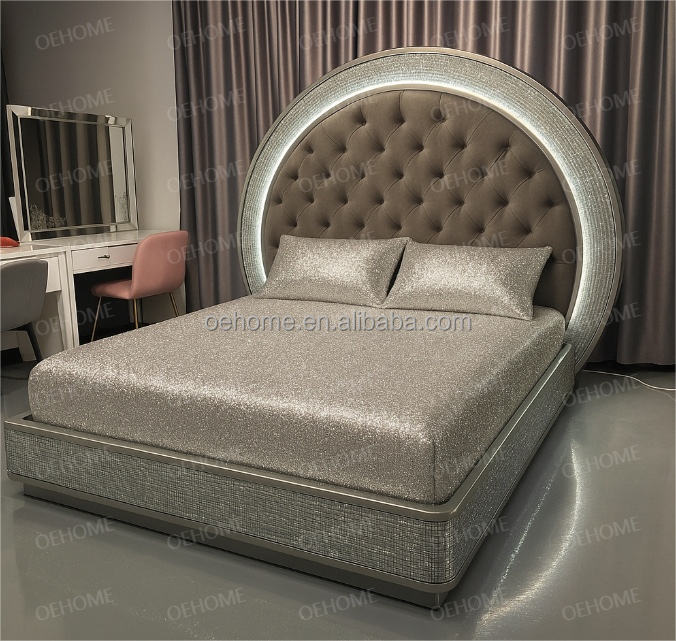 Mobiliário de quarto de luxo da Villa, cama espelhada moderna com diamantes para quarto ou opção de melhoria de hotel 2