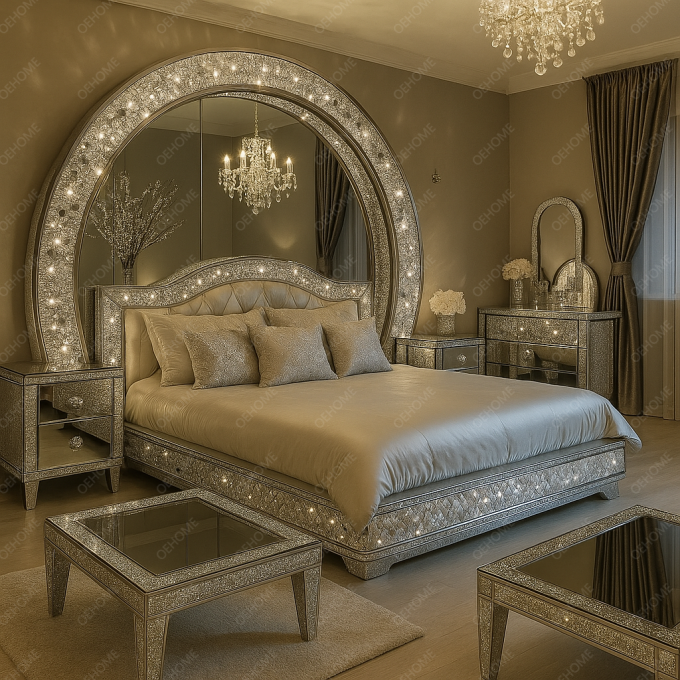 Mobiliário de quarto de luxo da Villa, cama espelhada moderna com diamantes para quarto ou opção de melhoria de hotel 3