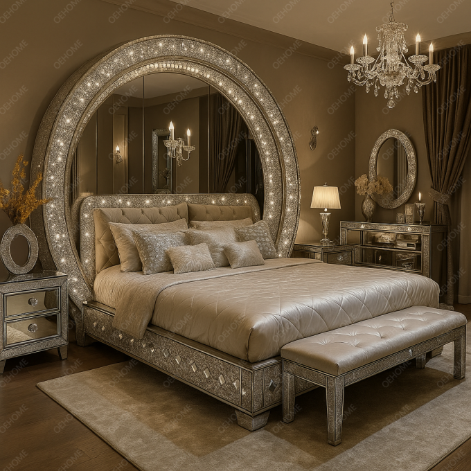 Mobiliário de quarto de luxo da Villa, cama espelhada moderna com diamantes para quarto ou opção de melhoria de hotel 4