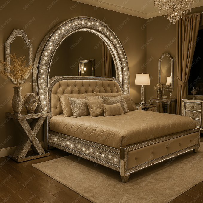 Mobiliário de quarto de luxo da Villa, cama espelhada moderna com diamantes para quarto ou opção de melhoria de hotel 5