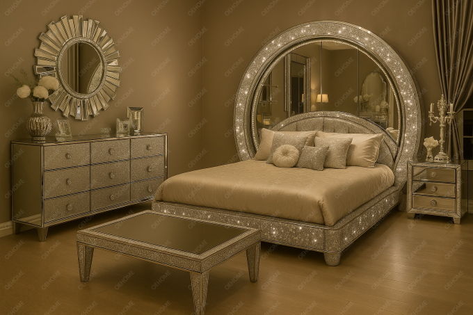 Mobiliário de quarto de luxo da Villa, cama espelhada moderna com diamantes para quarto ou opção de melhoria de hotel 6