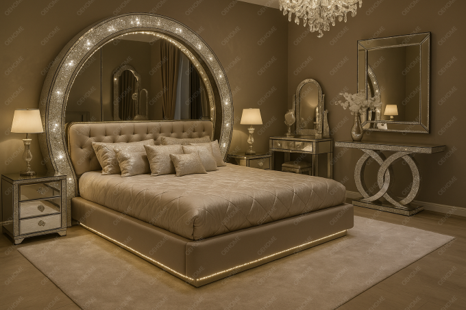 Mobiliário de quarto de luxo da Villa, cama espelhada moderna com diamantes para quarto ou opção de melhoria de hotel 7