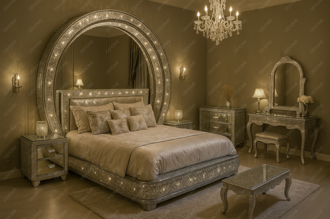Mobiliário de quarto de luxo da Villa, cama espelhada moderna com diamantes para quarto ou opção de melhoria de hotel 8