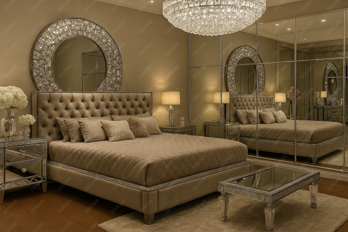Mobiliário de quarto de luxo da Villa, cama espelhada moderna com diamantes para quarto ou opção de melhoria de hotel 9