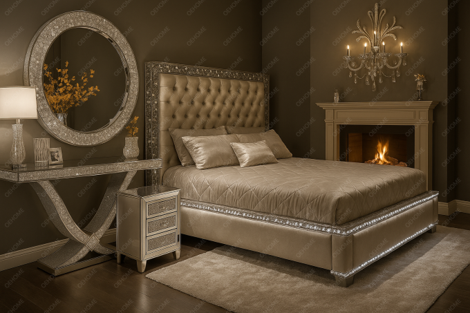Mobiliário de quarto de luxo da Villa, cama espelhada moderna com diamantes para quarto ou opção de melhoria de hotel 10