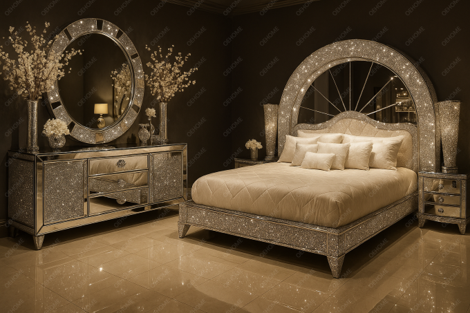 Mobiliário de quarto de luxo da Villa, cama espelhada moderna com diamantes para quarto ou opção de melhoria de hotel 11