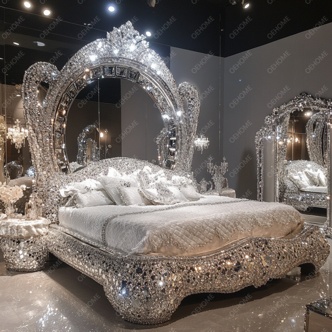 Últimos Designs de Móveis de Quarto Luxo Diamante Cristal King/Queen Size Cama Estofada Espelhada Para Hotéis e Vilas 3