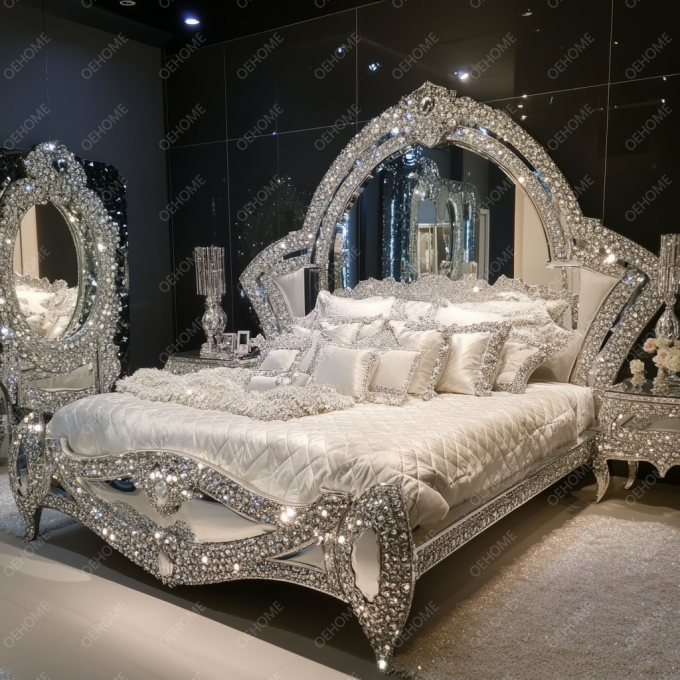 Últimos Designs de Móveis de Quarto Luxo Diamante Cristal King/Queen Size Cama Estofada Espelhada Para Hotéis e Vilas 4