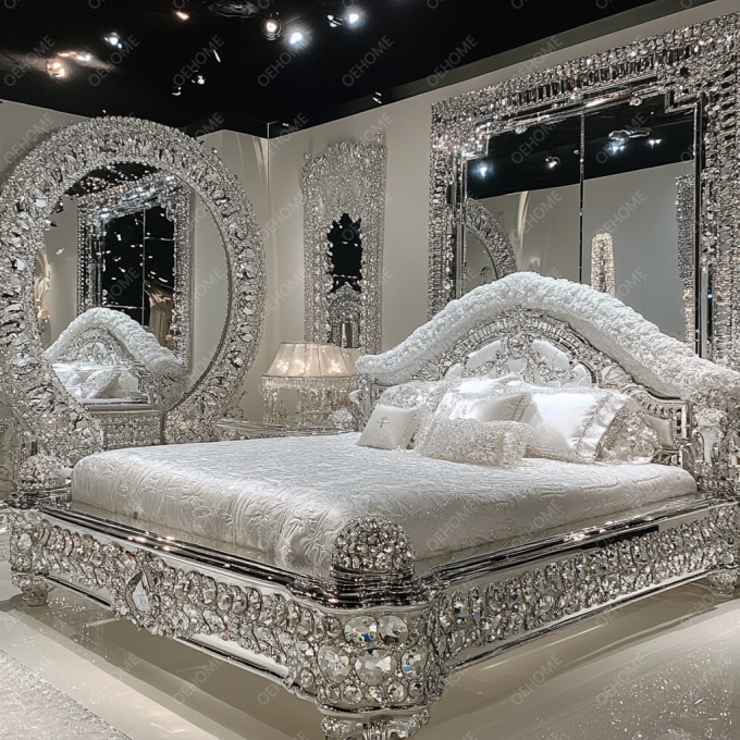 Últimos Designs de Móveis de Quarto Luxo Diamante Cristal King/Queen Size Cama Estofada Espelhada Para Hotéis e Vilas 5