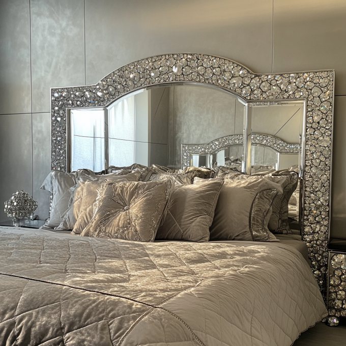 Últimos Designs de Móveis de Quarto Luxo Diamante Cristal King/Queen Size Cama Estofada Espelhada Para Hotéis e Vilas 6