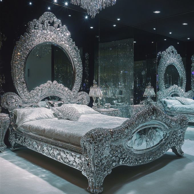 Últimos Designs de Móveis de Quarto Luxo Diamante Cristal King/Queen Size Cama Estofada Espelhada Para Hotéis e Vilas 7
