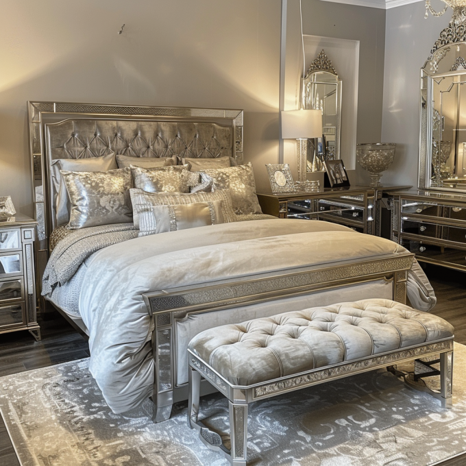 Conjunto de Quarto Específico Espelhado Estilo Moderno Cama Queen Size Mobiliário Com Design Contemporâneo 0