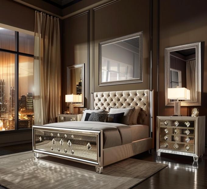 Conjunto de Quarto Específico Espelhado Estilo Moderno Cama Queen Size Mobiliário Com Design Contemporâneo 1