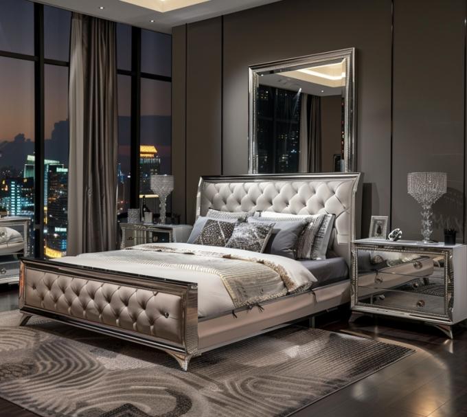 Conjunto de Quarto Específico Espelhado Estilo Moderno Cama Queen Size Mobiliário Com Design Contemporâneo 4