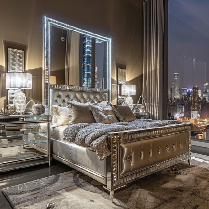 Conjunto de Quarto Específico Espelhado Estilo Moderno Cama Queen Size Mobiliário Com Design Contemporâneo 3
