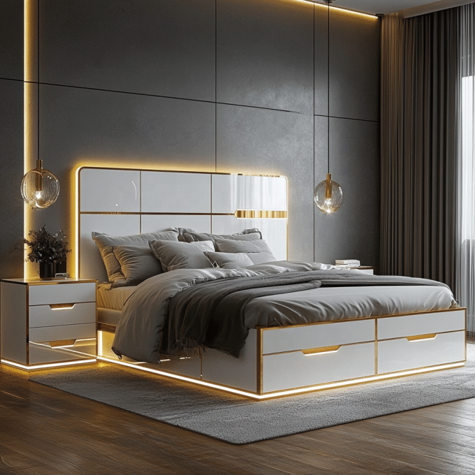 Cama de madeira de design moderno ajustável tamanho Queen para conjunto de quarto King espelhado de luxo italiano em casa ou quarto de hotel 1