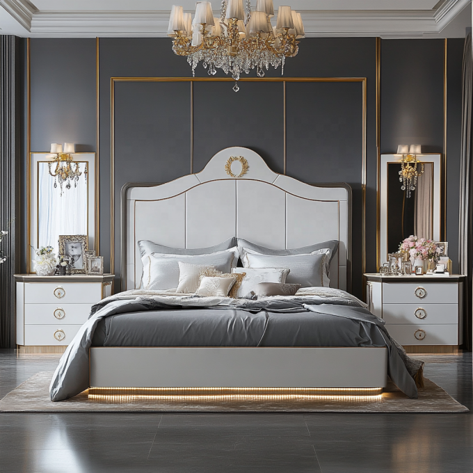 Cama de madeira de design moderno ajustável tamanho Queen para conjunto de quarto King espelhado de luxo italiano em casa ou quarto de hotel 2