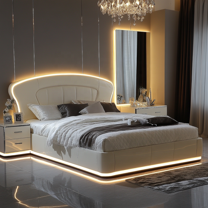Cama de madeira de design moderno ajustável tamanho Queen para conjunto de quarto King espelhado de luxo italiano em casa ou quarto de hotel 3