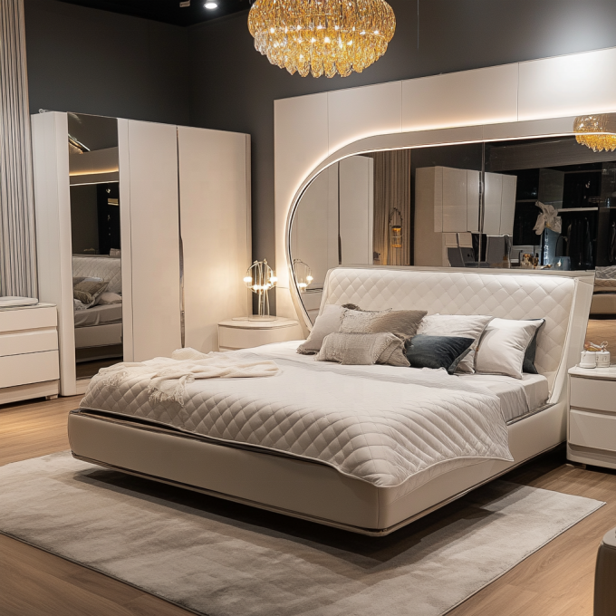 Cama de madeira de design moderno ajustável tamanho Queen para conjunto de quarto King espelhado de luxo italiano em casa ou quarto de hotel 4