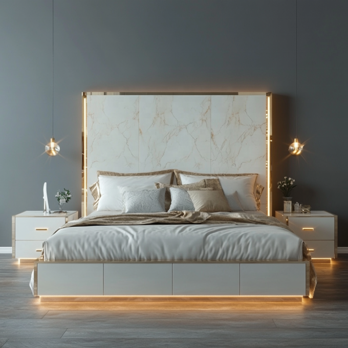 Cama de madeira de design moderno ajustável tamanho Queen para conjunto de quarto King espelhado de luxo italiano em casa ou quarto de hotel 5