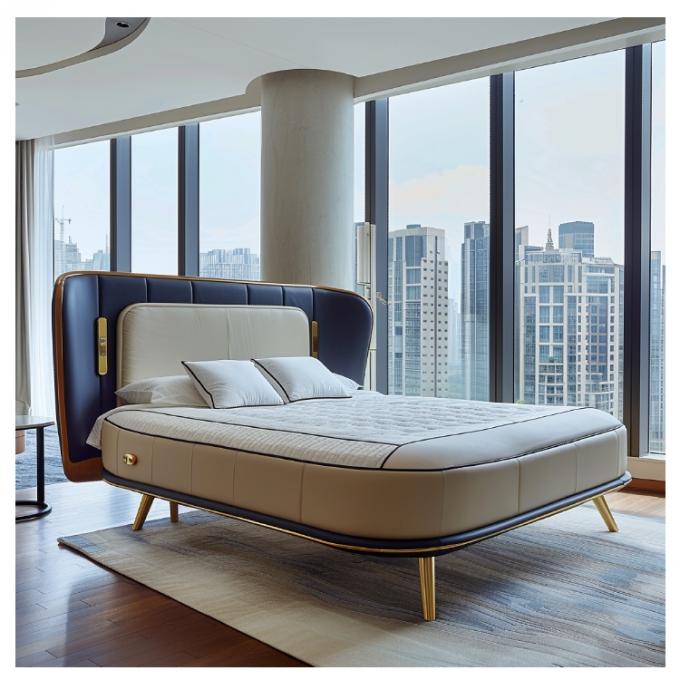 Salão Modern Leather Master Bed Cama dupla de madeira maciça Armazenamento de madeira italiana Quadro de cama de couro para casa Hotel Mobiliário de apartamento 2