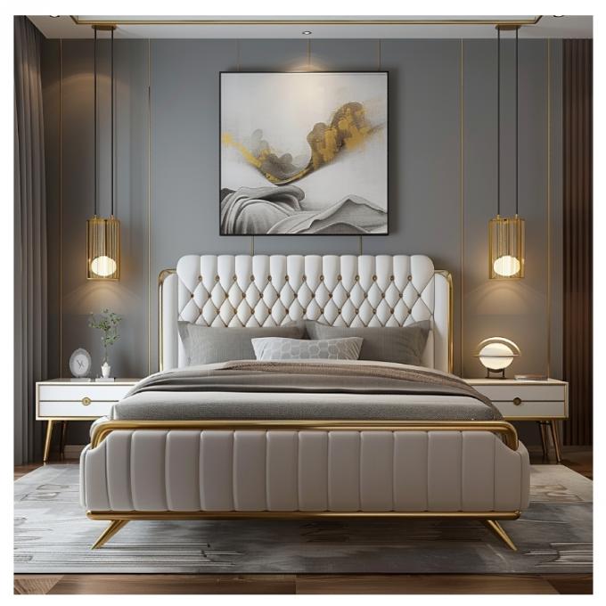 Salão Modern Leather Master Bed Cama dupla de madeira maciça Armazenamento de madeira italiana Quadro de cama de couro para casa Hotel Mobiliário de apartamento 4