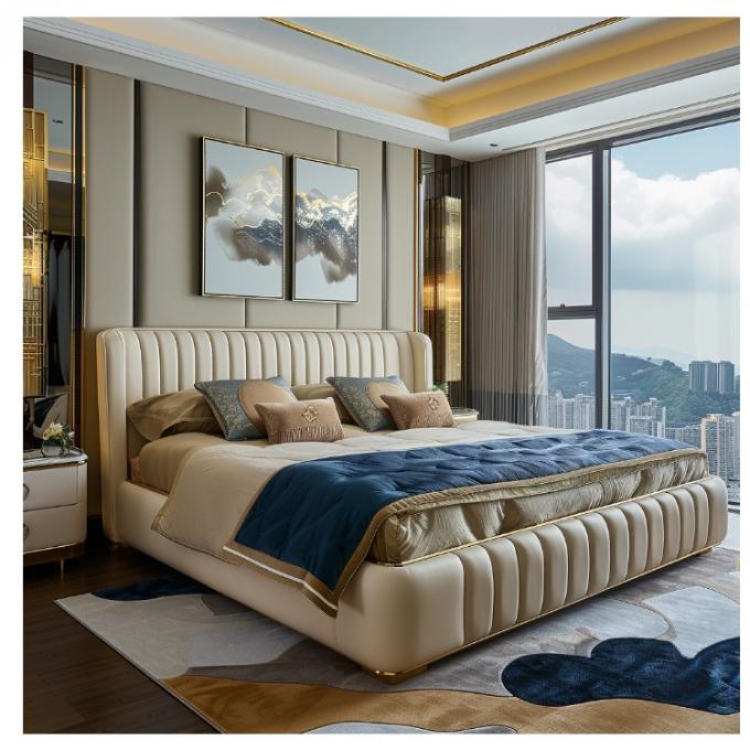Salão Modern Leather Master Bed Cama dupla de madeira maciça Armazenamento de madeira italiana Quadro de cama de couro para casa Hotel Mobiliário de apartamento 5