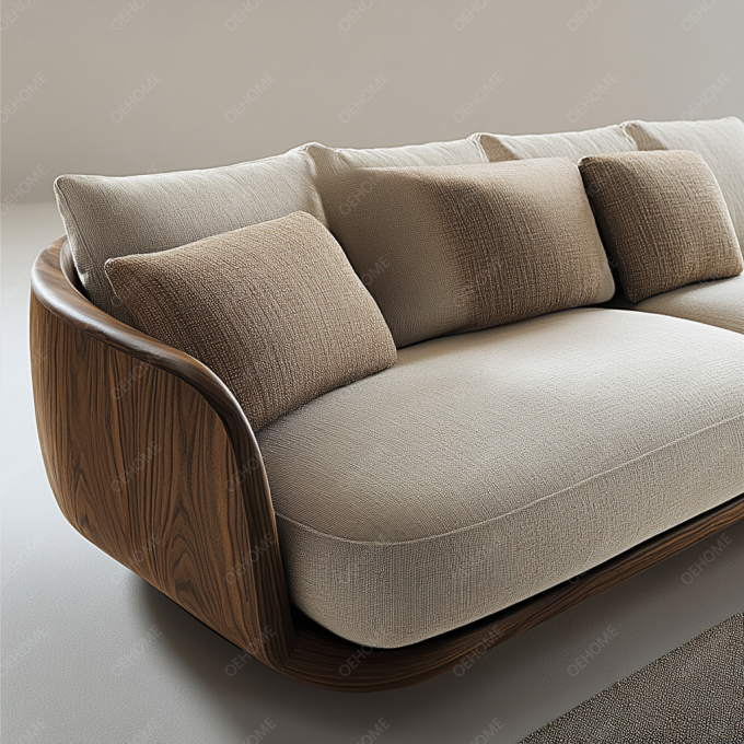 Sala de estar minimalista de estilo europeu, sofá moderno de perna de madeira branco Chesterfield, com cores personalizadas e design de luxo. 9