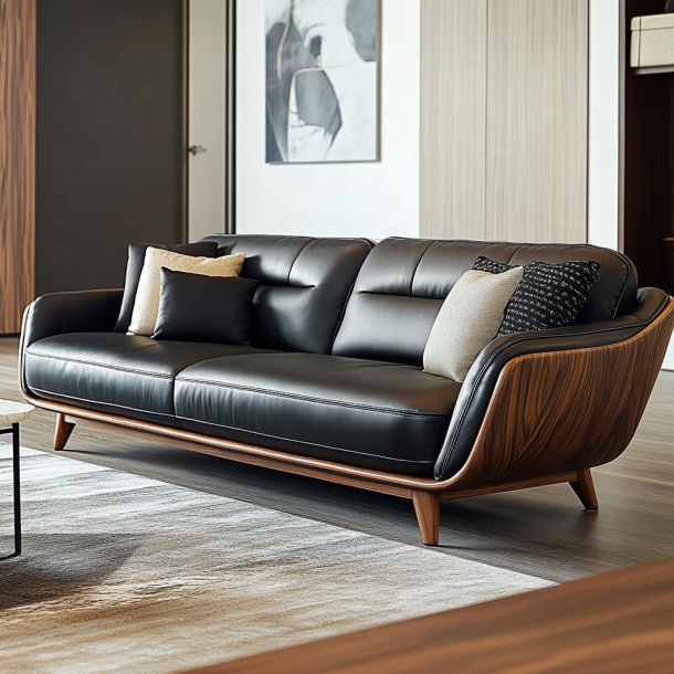 Elegante sofá seccional de madeira designers italianos sala de estar moderna casa de campo com luxo couro genuíno e móveis 2