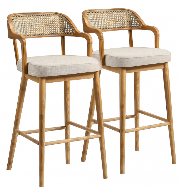 Banqueta de Bar Interior Tecida com Pernas de Madeira e Encosto de Rattan para Uso Comercial 6