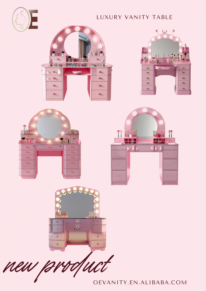 Conjuntos de Maquilhagem para Quarto com Espelho Iluminado por LED, Mesa de Toucador com Gavetas e Prateleiras de Armazenamento Ajustáveis em Rosa 1