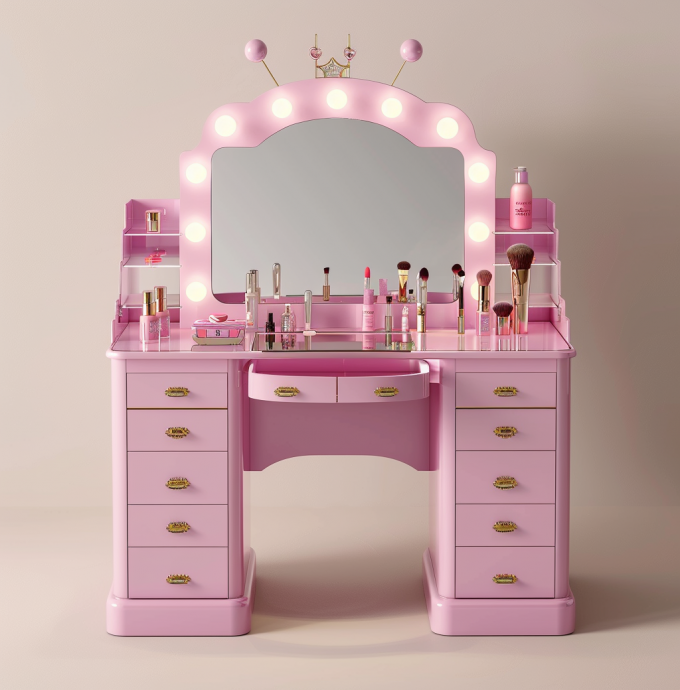 Conjuntos de Maquilhagem para Quarto com Espelho Iluminado por LED, Mesa de Toucador com Gavetas e Prateleiras de Armazenamento Ajustáveis em Rosa 7
