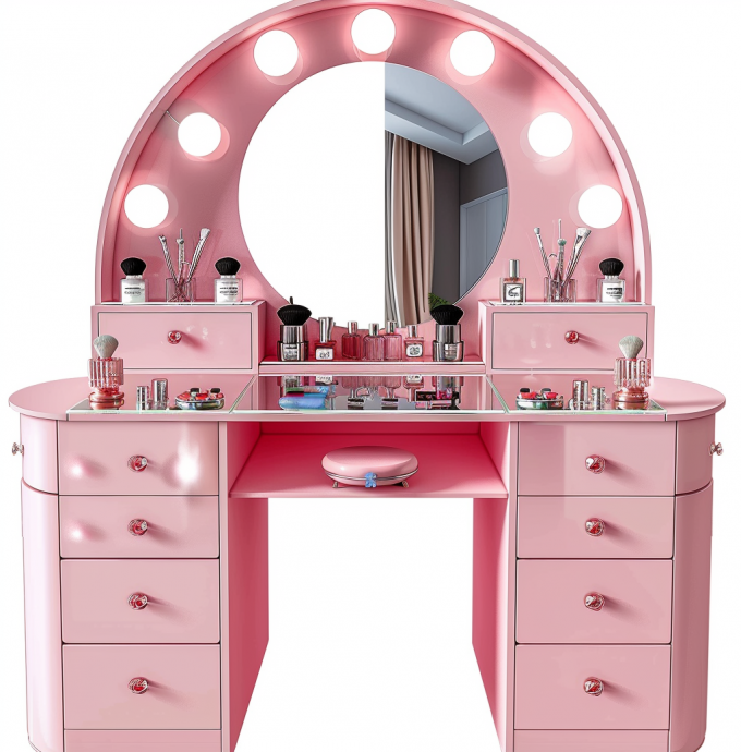 Conjuntos de Maquilhagem para Quarto com Espelho Iluminado por LED, Mesa de Toucador com Gavetas e Prateleiras de Armazenamento Ajustáveis em Rosa 8