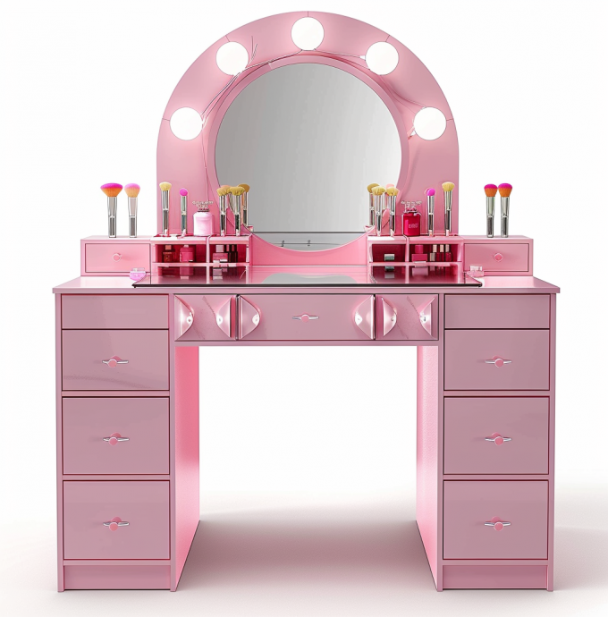Conjuntos de Maquilhagem para Quarto com Espelho Iluminado por LED, Mesa de Toucador com Gavetas e Prateleiras de Armazenamento Ajustáveis em Rosa 9