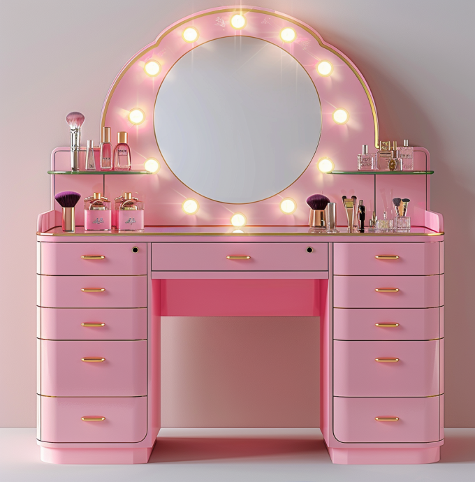 Conjuntos de Maquilhagem para Quarto com Espelho Iluminado por LED, Mesa de Toucador com Gavetas e Prateleiras de Armazenamento Ajustáveis em Rosa 10