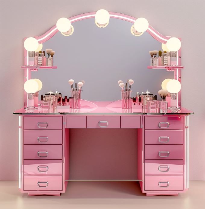 Conjuntos de Maquilhagem para Quarto com Espelho Iluminado por LED, Mesa de Toucador com Gavetas e Prateleiras de Armazenamento Ajustáveis em Rosa 11