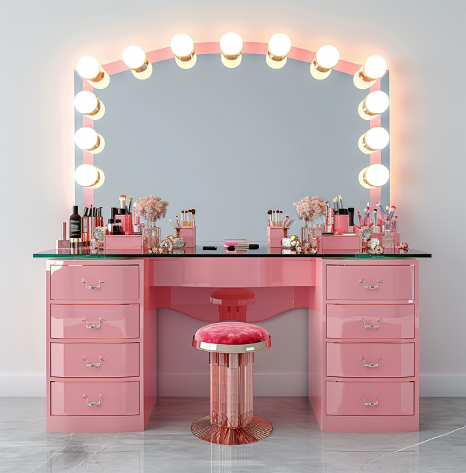 Conjuntos de Maquilhagem para Quarto com Espelho Iluminado por LED, Mesa de Toucador com Gavetas e Prateleiras de Armazenamento Ajustáveis em Rosa 12