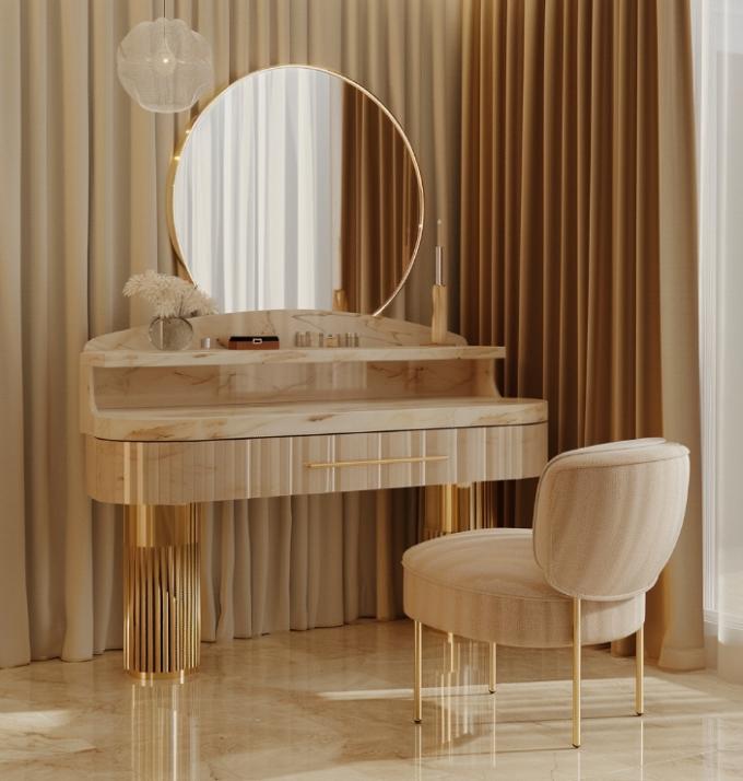 Mobiliário de quarto moderno de luxo, roupa de cama funcional, com tope revestido de ouro e camisas cerâmicas de couro de mármore. 2
