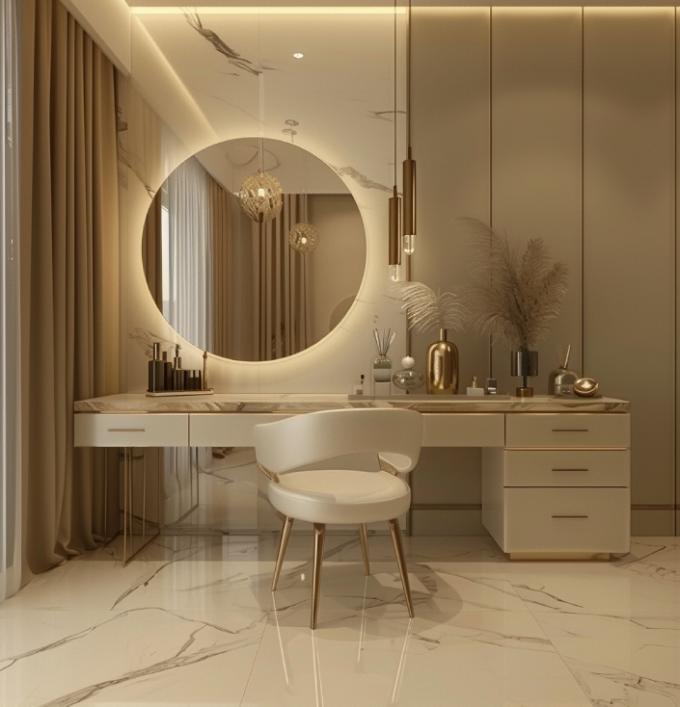 Mesa de toucador multifuncional nórdica moderna de madeira funcional para senhoras no quarto com espelho de maquiagem com luz LED e armazenamento 4