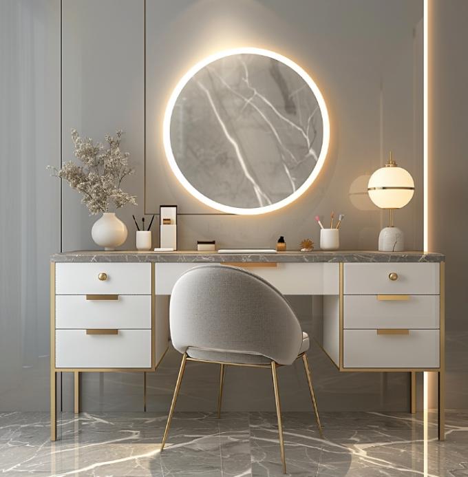 Mesa de toucador multifuncional nórdica moderna de madeira funcional para senhoras no quarto com espelho de maquiagem com luz LED e armazenamento 5