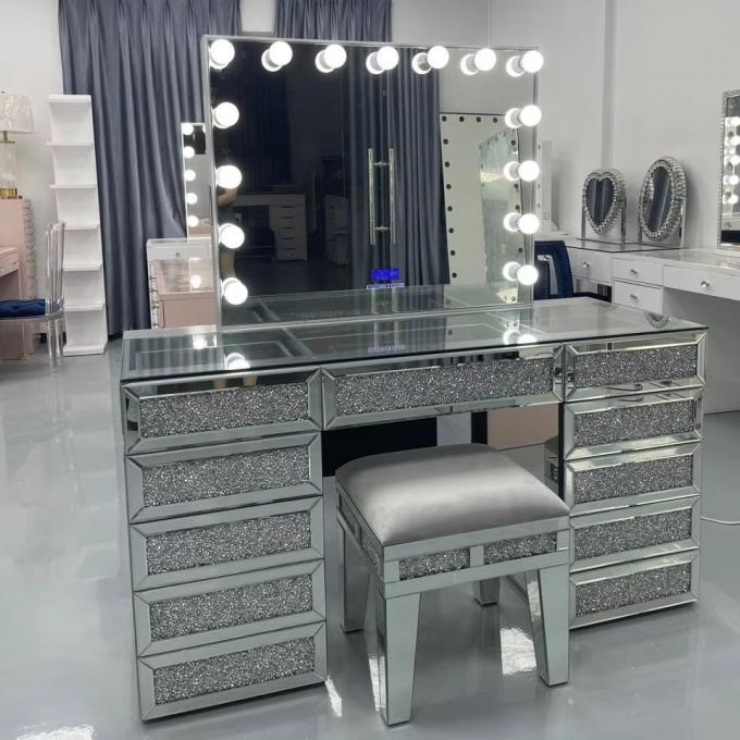 Conjunto de Quarto King-Size Moderno de Luxo com Moldura de Madeira Maciça Espelhada em Diamante para Casa, Vila, Quarto e Sala de Estar 3