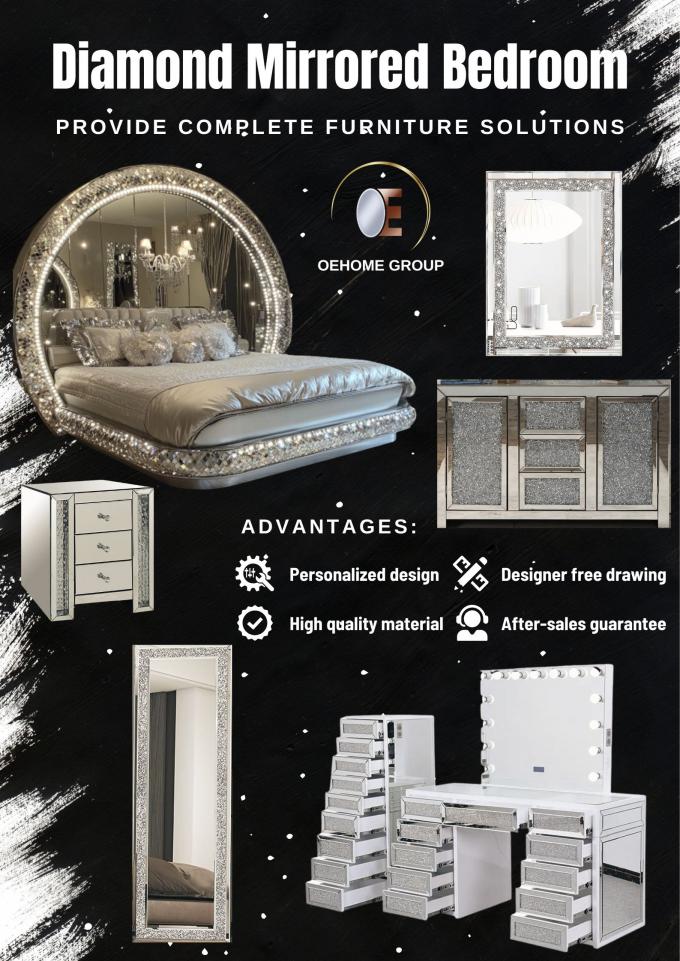 Conjunto de Quarto King-Size Moderno de Luxo com Moldura de Madeira Maciça Espelhada em Diamante para Casa, Vila, Quarto e Sala de Estar 1