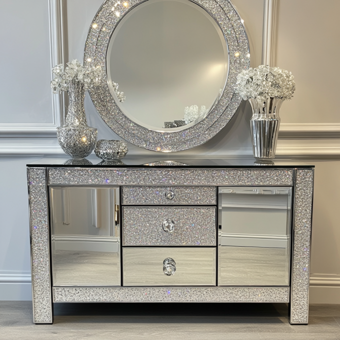 Conjunto de Quarto King-Size Moderno de Luxo com Moldura de Madeira Maciça Espelhada em Diamante para Casa, Vila, Quarto e Sala de Estar 5