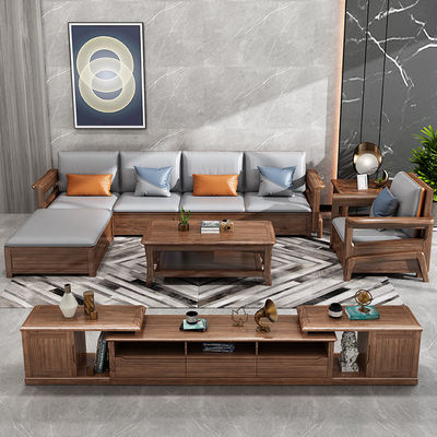 Sofá de madeira maciça de teca de 7 lugares Lounge modular com estofamento de couro