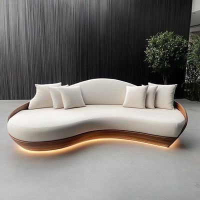 Mobiliário de banco duplo de estilo tufted Sofá de banco de amor branco com almofada de tecido de círculo de lua de madeira